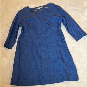 Boden Women's Blue A Line Long Sleeve V-Neck Linen Dress SZ 12